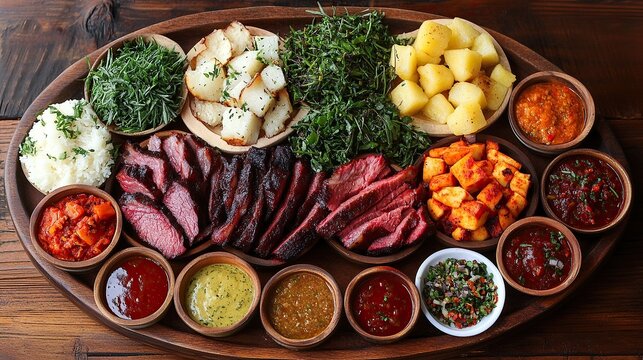 A beautifully styled brisket platter with a variety of sauces and sides, inviting guests to customize their meal, 8k, realistic