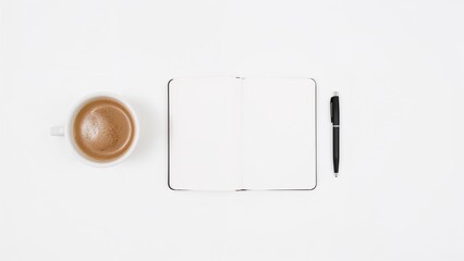 A cup of coffee, open notebook, and pen rest on a minimalist white surface, suggesting a workspace ready for writing or planning.
