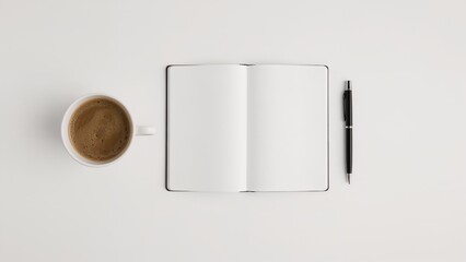 Overhead view of an open notebook, a cup of coffee, and a pen arranged on a white surface.