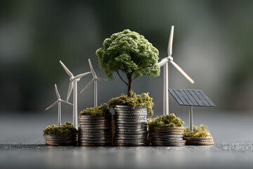 Investing in renewable energy with coins, solar, and wind elements. Business growth sustainability expansion concept.