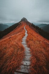 A wooden path ascends a mountain ridge, leading to a peak, amidst vibrant autumnal foliage.