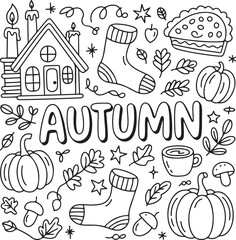 Autumn Icon Pattern Design for Adobe Stock &mdash; Cozy Fall Elements Featuring Pumpkins, Socks, Leaves, House, Candles, Pie, Coffee, and Acorns