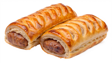 photograph of two sausage rolls isolated on white and transparent background