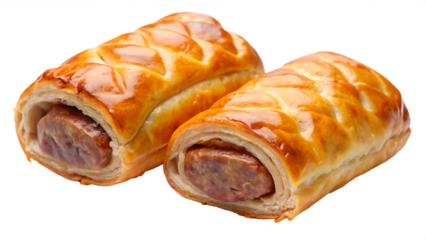 photograph of two sausage rolls isolated on white and transparent background