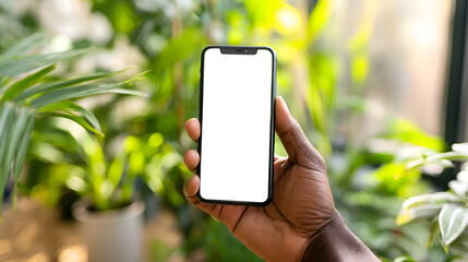 Hand holding smartphone with blank screen in green environment