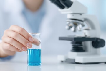 scientist in pristine lab coat gently adjusts microscope with various scientific instruments neatly arranged on minimalist
