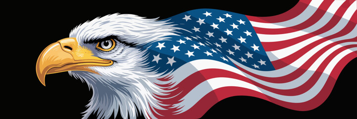 Fototapeta premium Majestic Bald Eagle Profile with American Flag Draped Behind on Black Background.