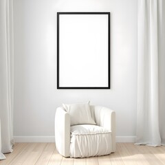 A minimalist interior scene featuring a plush white armchair with a throw blanket positioned beneath a blank black framed picture hanging on a white textured wall with sheer curtains