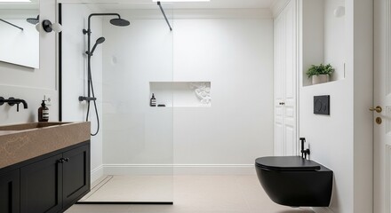 Bright Classic Bathroom with Black Toilet and Elegant Lighting Design