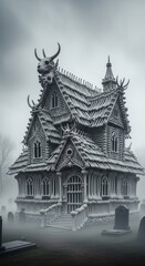 Fototapeta premium Creepy house entirely made of bones nestled in a foggy graveyard, Halloween