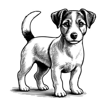 Cheetah and cub engraving black and white outline. Scratch board imitation.  illustrated in vintage line art style on a white background.
Jack Russel dog sketch engraving black and white outline. Scra