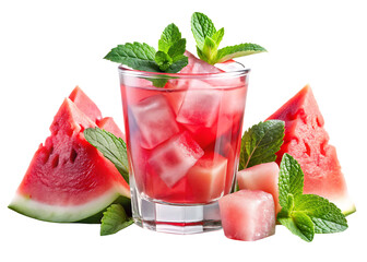 The drink is made with chunks of watermelon, mint leaves, and ice cubes, giving it a vibrant pink color isolated on white and transparent background