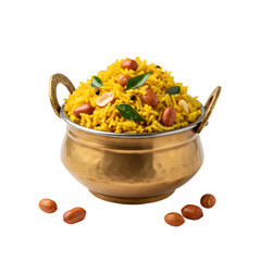 Serving tamarind rice with peanuts in a decorative brass bowl