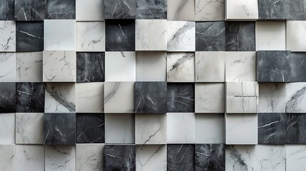 realistic 3D render of a geometric mosaic wall composed of overlapping white and black marble squares, slight depth variation creating shadow play, isolated on a neutral grey