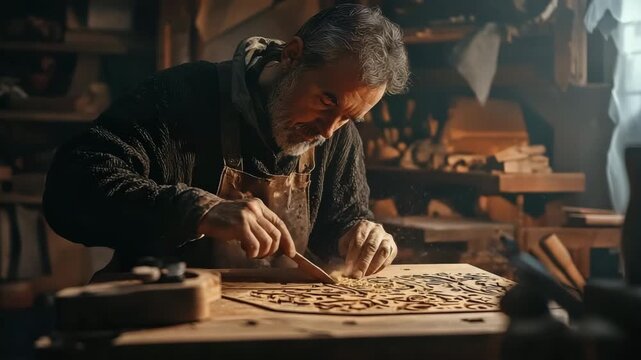 Woodworker carving intricate wood patterns in woodworking workshop using artisan tools creating detailed decorative woodwork craftsman hobby
