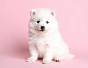 Adorable cachorro Dutch Smoushond sobre fondo rosa pastel, Generated image