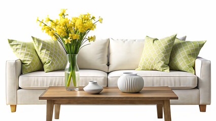 white sofa, olive green pillow, yellow spring flowers in a vase and ceramic accessories on a wooden table isolated on white and transparent background