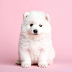 Obraz premium Adorable cachorro Dutch Smoushond sobre fondo rosa pastel, Generated image