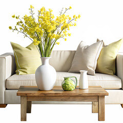 white sofa, olive green pillow, yellow spring flowers in a vase and ceramic accessories on a wooden table isolated on white and transparent background
