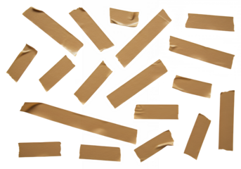 Collection of brown adhesive tape pieces isolated on transparent background