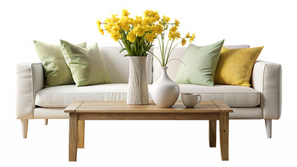 white sofa, olive green pillow, yellow spring flowers in a vase and ceramic accessories on a wooden table isolated on white and transparent background