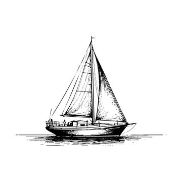 fishing boat sketch engraving black and white outline. Scratch board imitation.