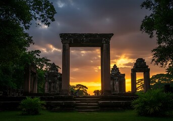 Fototapeta premium Dramatic Ancient Khmer Temple Ruins Silhouette at Sunset Landscape Scenery