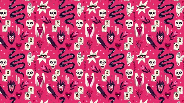 Pink Halloween pattern with skulls, snakes and esoteric magical gothic symbols horizontal video