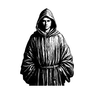 Man wear hood engraving sketch engraving black and white outline. Scratch board imitation.  illustrated in vintage line art style on a white background.