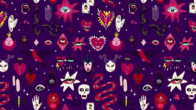 Purple vibrant Halloween pattern with magical esoteric magical gothic symbols horizontal video