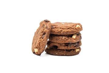 Stack of Chocolate Cookies White Background. A stack of chocolate cookies with white and dark chocolate chunks leaning slightly. The cookies are isolated on a pure white background.