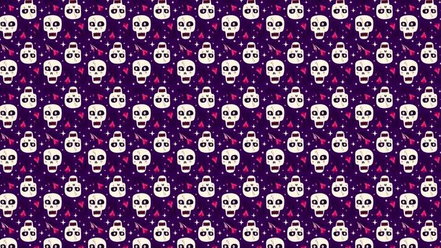 Purple Halloween pattern with gothic skulls. Horizontal video
