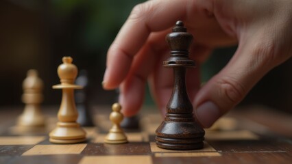 black wooden chess queen piece positioned on chessboard with hand reaching to move piece.