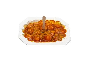 Currywurst Top View White Background. Top view of a currywurst in a white disposable container with a wooden skewer. The sausage pieces are covered in plenty of curry powder.