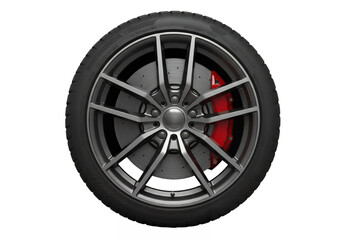 Obraz premium Modern alloy car wheel with red brake caliper isolated on transparent background