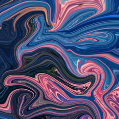 Colorful fluid art with pink, blue, and black swirls blending organically, evoking emotion and creativity in modern abstract design styles.