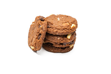 Chocolate Cookies Stack White Background. Four chocolate cookies with visible chunks of white and dark chocolate are stacked in a loose pile. The cookies are isolated on a clean white background.