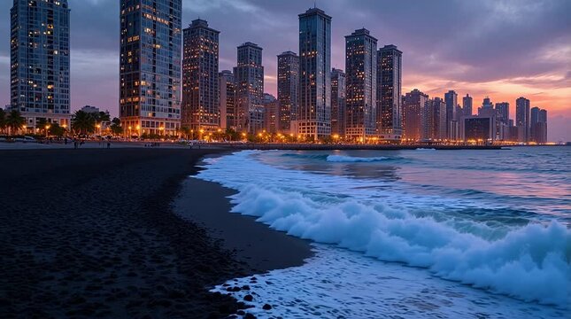 Skyscrapers of Eko Atlantic Facing Ocean Waves at Dusk, Lagos Shoreline Panorama