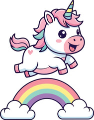 Cute unicorn cartoon vector illustration with rainbow and clouds for kids design art