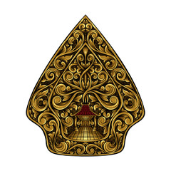 Wayang Gunungan Icon Indonesian Javanese Puppet Vector with Floral Pattern and Gold Shadow Design