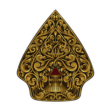 Wayang Gunungan Icon Indonesian Javanese Puppet Vector with Floral Pattern and Gold Shadow Design