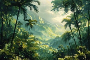 Jungle Tropical Landscape Wide Background/ Illustration of a jungle landscape background, with ornaments made with leaves and foliage of tropical plants and trees