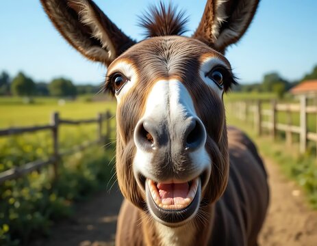 Comical Close Up Donkey Portrait with a Funny Facial Expression Mammal