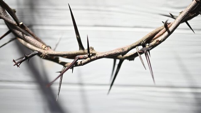 Wooden casting wall dark shadow from Jesus crown of thorns, symbolizing religious suffering and sacrifice Christian background resurrection, Easter concept Banner video 4k