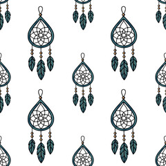 Seamless vector pattern of teal dream catchers with gold beads and feathers, a boho chic design perfect for textile prints, wallpapers, and surface patterns.