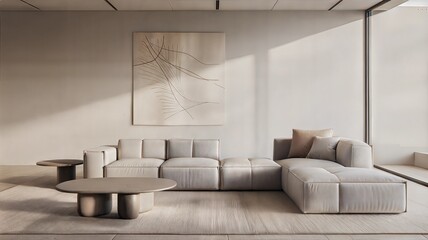 L-shaped modular sofa in light beige fabric with throw pillows in blush and beige tones. Round matte coffee table and irregular-shaped side table on light wood or concrete flooring.