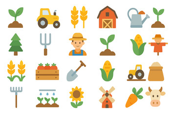 A collection of flat vector icons representing farming, agriculture, and rural life, including crops, tools, animals, and farm structures.