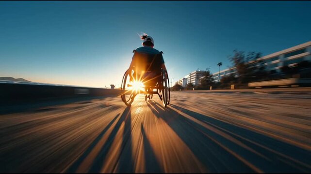 Person in a sports wheelchair speeding along a paved path, with the setting or rising sun casting long, dynamic shadows and illuminating the scene with a golden glow.