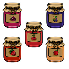 A charming vector illustration of five jars of fruit jam, each featuring a different berry or fruit and a rustic design, perfect for food blogs, packaging, or kitchen-themed projects.