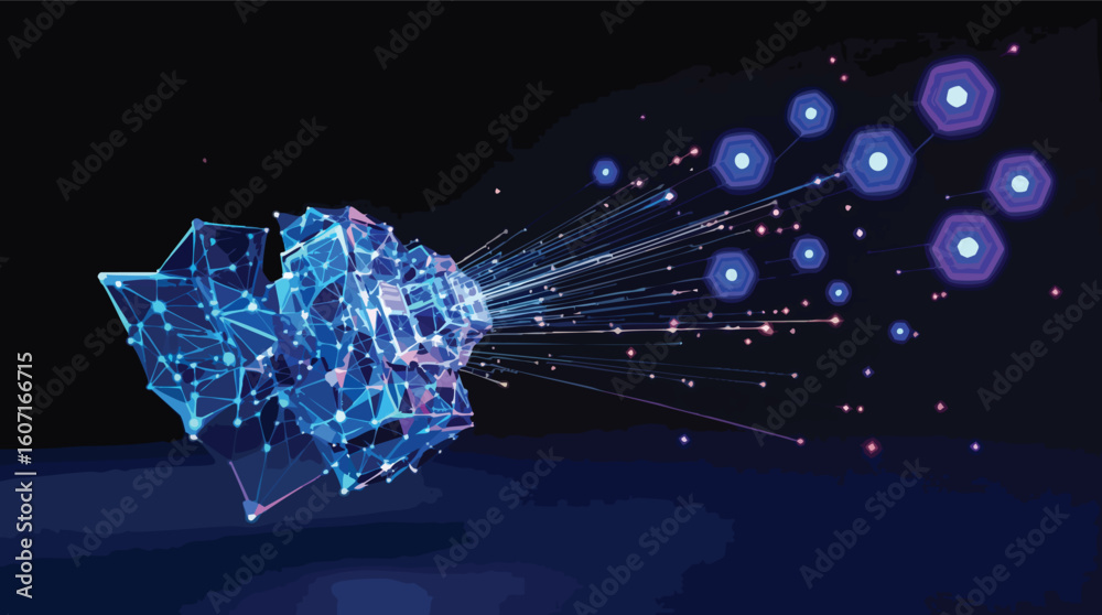 Poster Abstract digital connection network concept with connected hexagons and data streams.